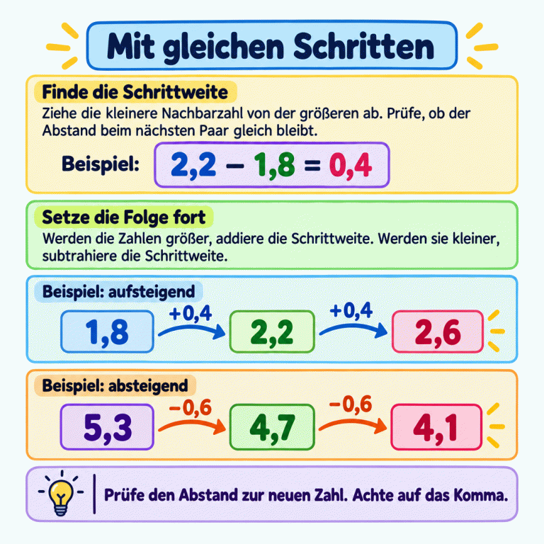 Zwei Beispiele für Dezimalzahlenfolgen mit gleichbleibender Schrittweite. Die Beispielrechnung 2,2 minus 1,8 ergibt den Abstand 0,4. Aufsteigend: 1,8; 2,2; 2,6, jeweils plus 0,4. Absteigend: 5,3; 4,7; 4,1, jeweils minus 0,6. Prüfe den Abstand an weiteren Nachbarpaaren und zur ergänzten Zahl. Beachte das Dezimalkomma. Mit gleichen Schritten Finde die Schrittweite: Ziehe die kleinere Nachbarzahl von der größeren ab. Prüfe, ob der Abstand beim nächsten Paar gleich bleibt. Setze die Folge fort: Werden die Zahlen größer, addiere die Schrittweite. Werden sie kleiner, subtrahiere die Schrittweite. Prüfe den Abstand zur neuen Zahl. Achte auf das Komma. Beispiel: 2,2 − 1,8 = 0,4 Beispiel: aufsteigend 1,8 2,2 2,6 +0,4 Beispiel: absteigend 5,3 4,7 4,1 −0,6