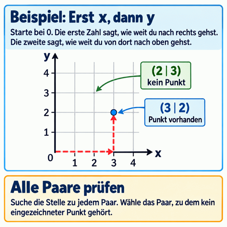 Ein Koordinatensystem als Lehrbeispiel: Die x-Achse führt nach rechts, die y-Achse nach oben. Vom Ursprung geht es drei Schritte nach rechts und zwei nach oben zum eingezeichneten Punkt mit dem Paar (3 | 2). An der Stelle (2 | 3) ist kein Punkt eingezeichnet. Prüfe so jedes angebotene Paar und wähle das Paar ohne zugehörigen Punkt. Beispiel: Erst x, dann y: Starte bei 0. Die erste Zahl sagt, wie weit du nach rechts gehst. Die zweite sagt, wie weit du von dort nach oben gehst. Alle Paare prüfen: Suche die Stelle zu jedem Paar. Wähle das Paar, zu dem kein eingezeichneter Punkt gehört. 1 2 3 4 x y (3 | 2) Punkt vorhanden (2 | 3) kein Punkt