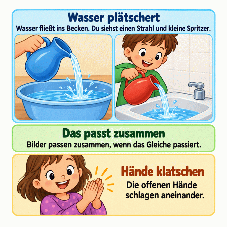 Zwei unterschiedliche Bilder zeigen dieselbe Handlung: Wasser fließt aus einem Gefäß in ein Becken und bildet kleine Spritzer. Der Text erklärt, dass Bilder zusammenpassen, wenn das Gleiche passiert. Darunter klatscht ein Kind: Seine offenen Handflächen schlagen aneinander. Wasser plätschert: Wasser fließt ins Becken. Du siehst einen Strahl und kleine Spritzer. Das passt zusammen: Bilder passen zusammen, wenn das Gleiche passiert. Hände klatschen: Die offenen Hände schlagen aneinander.