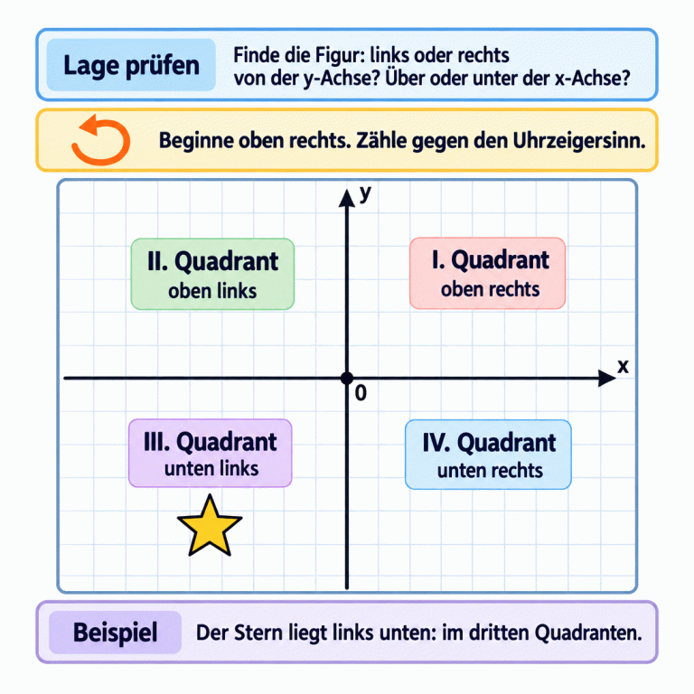 Ein Koordinatensystem mit waagerechter x-Achse und senkrechter y-Achse. Die 0 markiert ihren Schnittpunkt. Oben rechts liegt der erste Quadrant, oben links der zweite, unten links der dritte und unten rechts der vierte. Die Nummerierung läuft gegen den Uhrzeigersinn. Als Beispiel liegt ein Stern vollständig links von der y-Achse und unter der x-Achse, also im dritten Quadranten. Zum Zuordnen suchst du die gefragte Figur und prüfst ihre Lage zu beiden Achsen. Lage prüfen: Finde die Figur: links oder rechts von der y-Achse? Über oder unter der x-Achse? Beispiel: Der Stern liegt links unten: im dritten Quadranten. Beginne oben rechts. Zähle gegen den Uhrzeigersinn. x y I. Quadrant oben rechts II. Quadrant oben links III. Quadrant unten links IV. Quadrant unten rechts