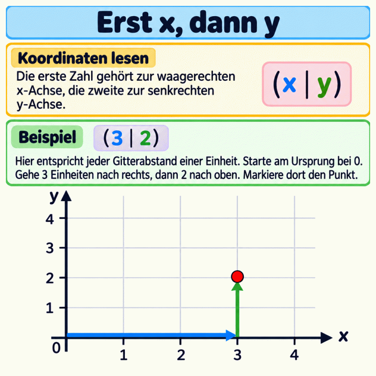Die erste Koordinate gehört zur waagerechten x-Achse, die zweite zur senkrechten y-Achse. Im Beispiel (3 | 2) entspricht jeder Gitterabstand einer Einheit. Vom Ursprung bei 0 führt der Hilfsweg zuerst drei Einheiten nach rechts und dann zwei nach oben. Dort ist der Punkt auf einem Gitterkreuz markiert. Erst x, dann y Koordinaten lesen: Die erste Zahl gehört zur waagerechten x-Achse, die zweite zur senkrechten y-Achse. Beispiel: Hier entspricht jeder Gitterabstand einer Einheit. Starte am Ursprung bei 0. Gehe 3 Einheiten nach rechts, dann 2 nach oben. Markiere dort den Punkt. (3 | 2) x y 1 2 3 4 (x | y)