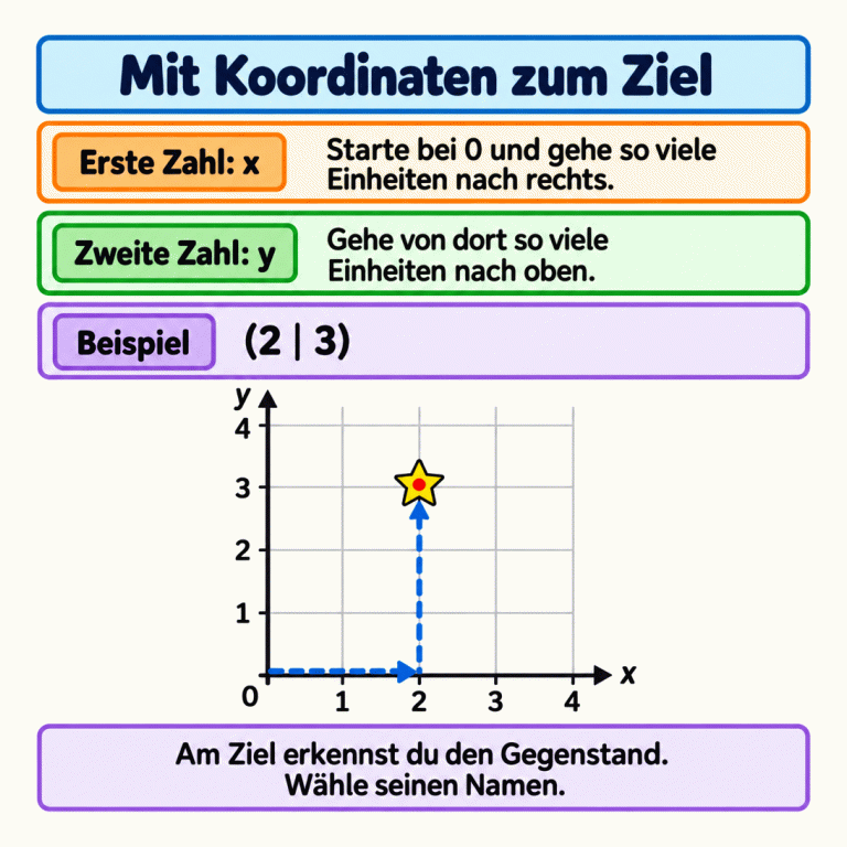 Beispiel (2 | 3) in einem Koordinatengitter: Die x-Achse verläuft nach rechts, die y-Achse nach oben. Vom Ursprung 0 geht es zwei Einheiten nach rechts und dann drei Einheiten nach oben. Dort liegt ein Stern genau auf einem Gitterpunkt. Am Ziel wird der Gegenstand erkannt und sein passender Name gewählt. Mit Koordinaten zum Ziel Erste Zahl: x: Starte bei 0 und gehe so viele Einheiten nach rechts. Zweite Zahl: y: Gehe von dort so viele Einheiten nach oben. Beispiel: Am Ziel erkennst du den Gegenstand. Wähle seinen Namen. (2 | 3) x y 1 2 3 4