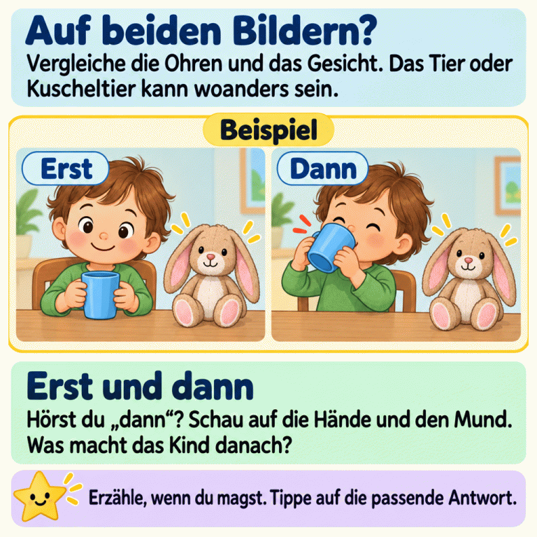 Zwei Beispielbilder zeigen dasselbe Kind und denselben Stoffhasen. Erst hält das Kind einen Becher, dann trinkt es daraus. Die Ohren und das Gesicht des Hasen sind in beiden Bildern gut zu sehen. Die Erklärung hilft beim Wiederfinden und zeigt, wie Hände und Mund die spätere Handlung verraten. Du darfst erzählen, wenn du magst. Auf beiden Bildern?: Vergleiche die Ohren und das Gesicht. Das Tier oder Kuscheltier kann woanders sein. Erst und dann: Hörst du „dann“? Schau auf die Hände und den Mund. Was macht das Kind danach? Erzähle, wenn du magst. Tippe auf die passende Antwort. Beispiel Erst Dann