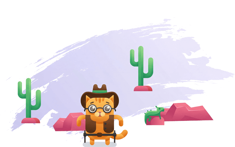 Maskottchen im Wüstenmotiv mit Kakteen und Felsen