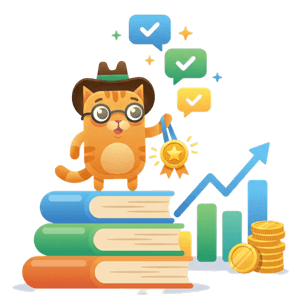 Eine Figur steht auf einem Stapel Bücher und hält eine Medaille, daneben ein steigendes Diagramm und Münzen