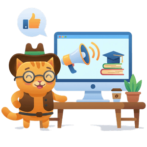 Eine Figur mit Hut steht neben einem Computer mit Megafon, Büchern und einer Pflanze auf dem Tisch