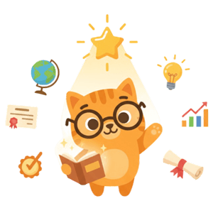 Eine Figur mit Brille liest ein Buch, umgeben von Stern, Globus, Diplom, Lampe und weiteren Lernelementen